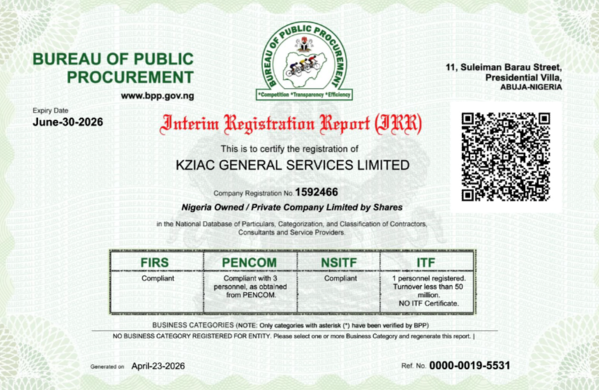 KZIAC Bureau of Public Procurement IRR Certificate document.