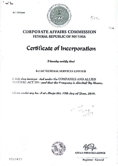 KZIAC Certificate of Incorporation document.