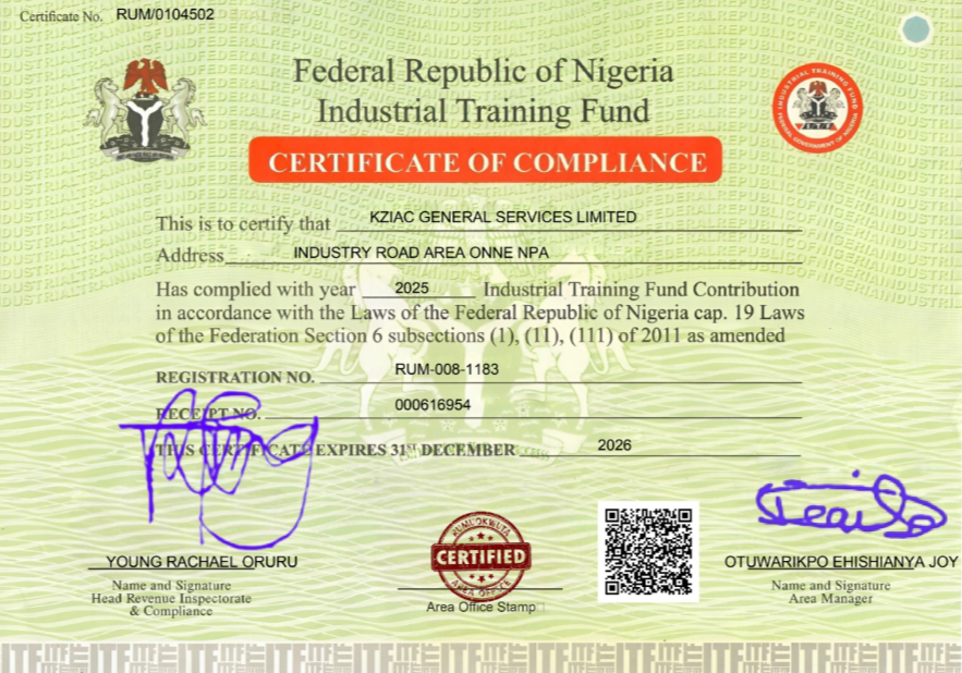 KZIAC Industrial Training Fund Certificate document.