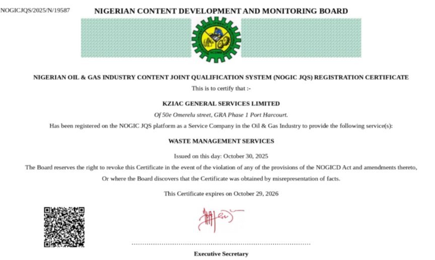 KZIAC NOGIC JQS Registration Certificate document.