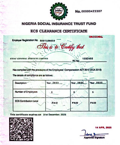 KZIAC NSITF ECS Clearance Certificate document.