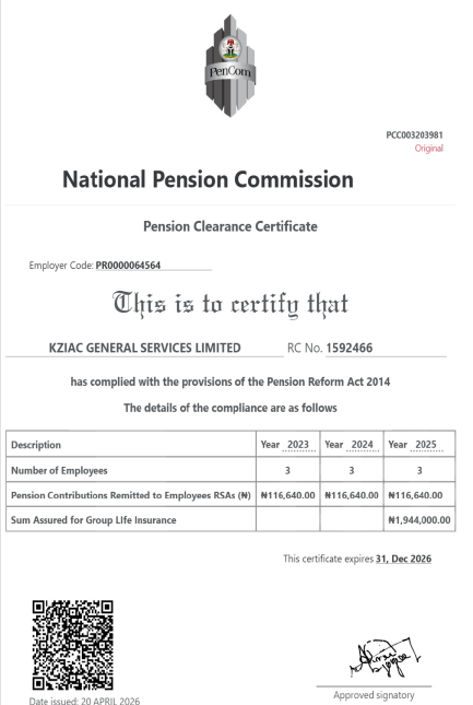 KZIAC PENCOM Certificate document.