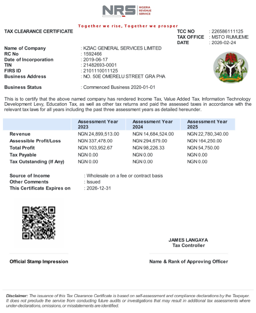 KZIAC Tax Clearance Certificate document.