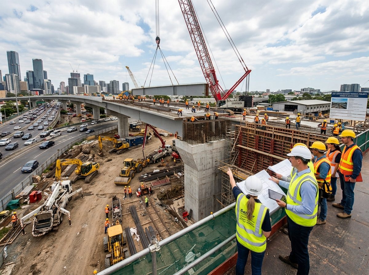 Illustrative collage of construction sites, cranes, and civil works activity.
