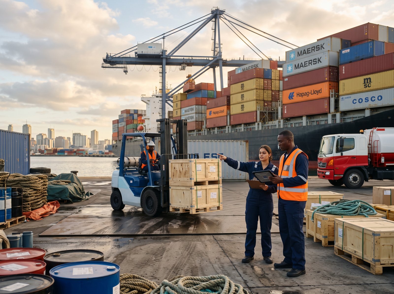 Illustrative collage of vessels, offshore maintenance, shipping, and vehicle logistics.